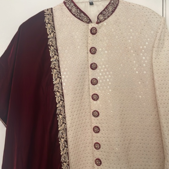 Burgundy and cream sherwani and shawl. - Picture 4 of 6